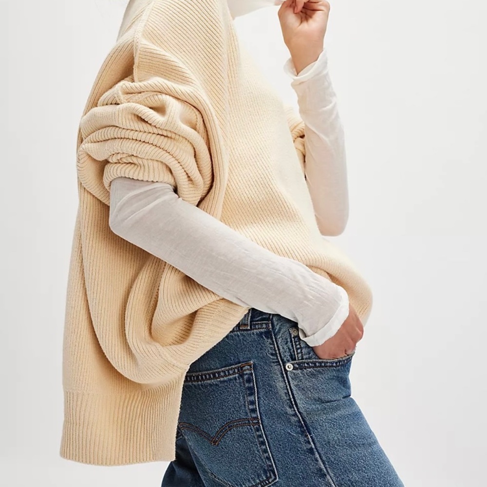 Free People Cream Ribbed Oversized Sweater